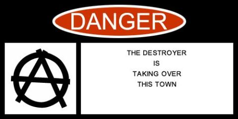 1986 Ford Bronco - A danger sign displays an anarchy symbol and a message about 'The Destroyer'.