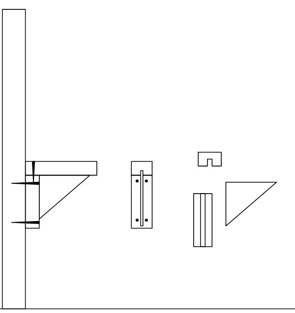 Black-and-white line drawing of a shelf bracket and mounting hardware