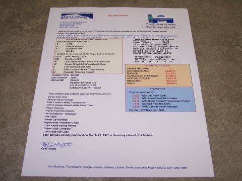 1973 Ford Ranchero - This Marti Auto Works document provides details about a 1973 Ford Ranchero 500's order and build.