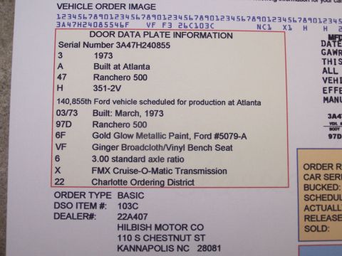 1973 Ford Ranchero - This document details the build specifications for a 1973 Ford vehicle, including its serial number and factory options.