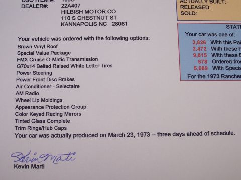 1973 Ford Ranchero - This document details the options and production date for a 1973 Ford Ranchero, as confirmed by the text.