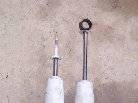 1979 Ford Bronco - Shock modification. These shocks were for a 77' F-150. I cut off the stud and welded on a eye.