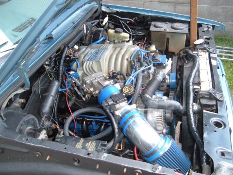 1990 Ford Ranger - Customized engine bay a 5.0L V8 engine with blue accents and an aftermarket intake system.
