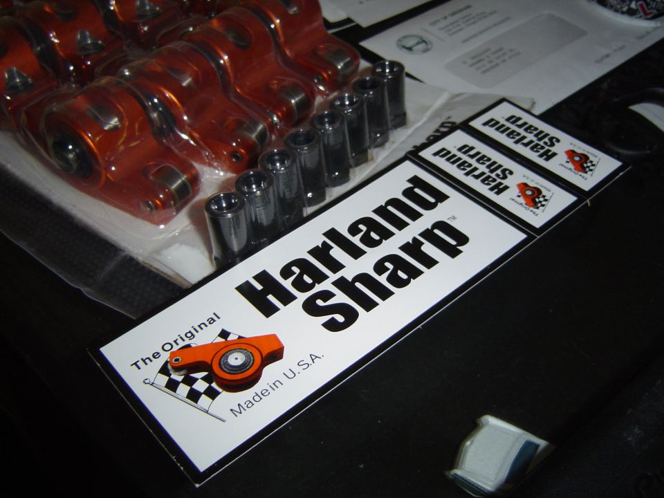 Harland Sharp valve rockers and pushrods in packaging, with brand stickers