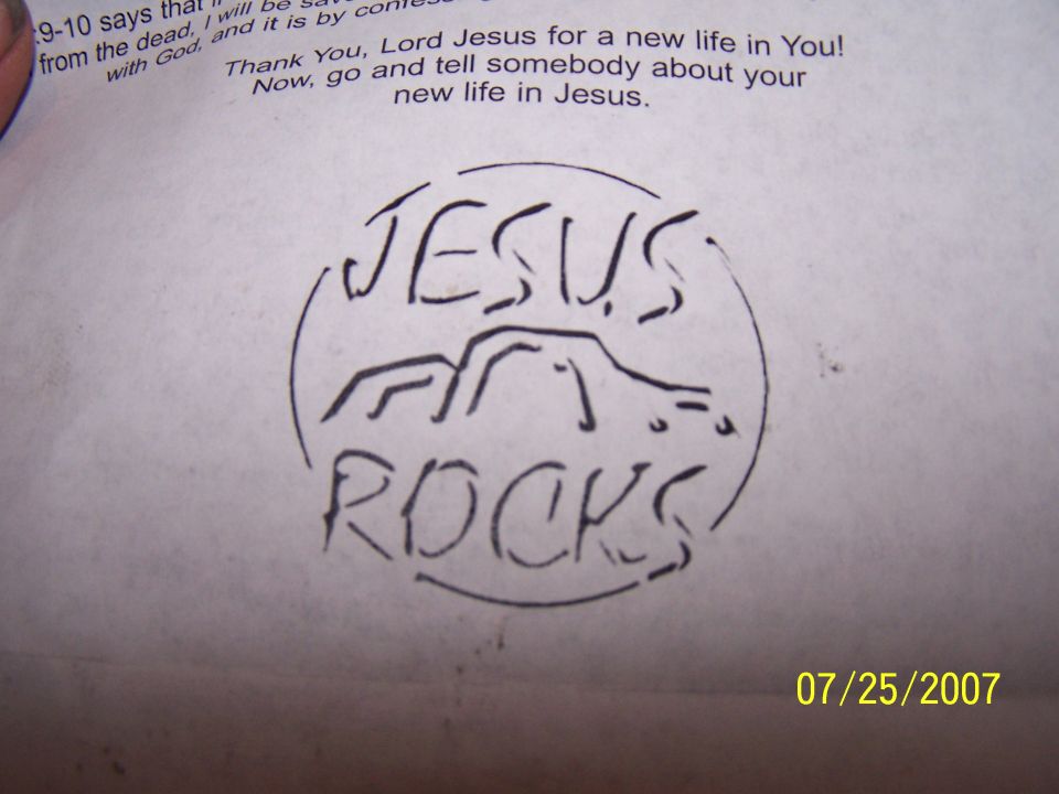 Religious tract page with hand-drawn 'Jesus Rocks' emblem and scripture text