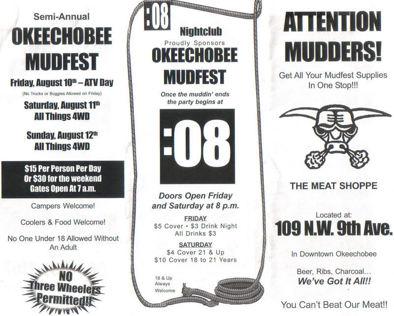 Okeechobee Mudfest flyer listing ATV Day, 4WD days, pricing and sponsor ads
