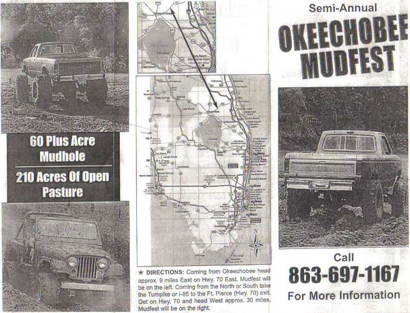 Okeechobee Mudfest event flyer with Florida map, directions and photos of lifted mud trucks