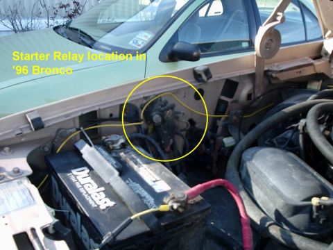 1996 Ford Bronco - Starter relay is located on the inner fender, passenger side of truck.