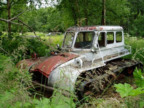 2000 Ford E350 - This old tracked vehicle sits abandoned in a field of tall grass and trees.