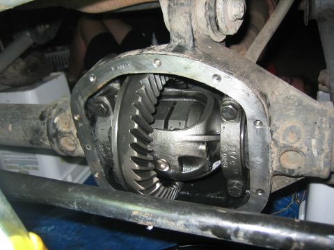 2001 Jeep Wrangler - Cleaned differential housing with the cover off, showing the ring gear, differential carrier and bolted bearing caps with cast identificati…