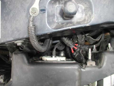 1990 Ford Thunderbird - Close-up view of the engine bay wiring and fuel pump assembly, showing various electrical connections and protective tubing.
