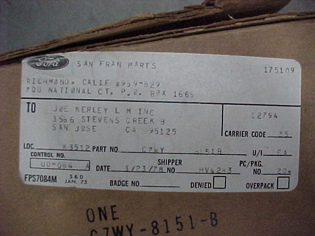 This grille half was sent to the dealer, Joe Kerley LM in San Jose, CA in 1978.