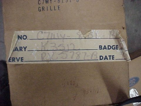 1967 Mercury Cougar - A label on a cardboard box indicates part number C7WY-8151-B for a grille and badge number K3512.
