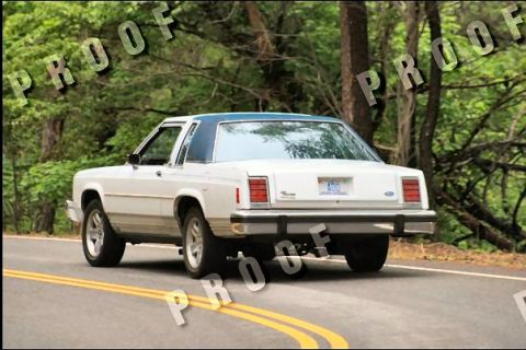 1985 Ford LTD Crown Victoria - A white Ford sedan with a blue roof is seen from the rear on a tree-lined road.