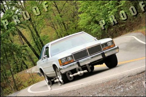 1985 Ford LTD Crown Victoria - White 1980s Ford sedan navigates a sharp curve on a tree-lined road.