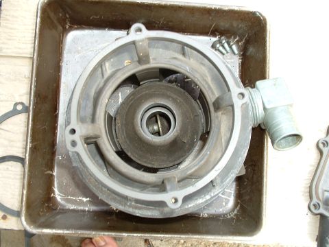 1978 Ford Bronco - Water pump housing and impeller assembly, removed from a vehicle for service or repair.