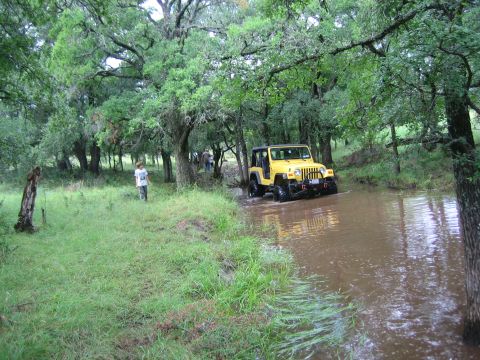 2001 Jeep Wrangler - A yellow 2001 Jeep Wrangler navigates a water crossing in a wooded landscape.
