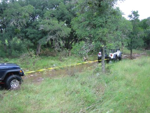 2001 Jeep Wrangler - Two Jeeps are stuck in a muddy, wooded area, with one vehicle attempting to tow the other out.