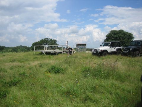 2001 Jeep Wrangler - Two Jeeps are parked in a grassy field under a cloudy sky, with a wooden platform and a small structure in the background.