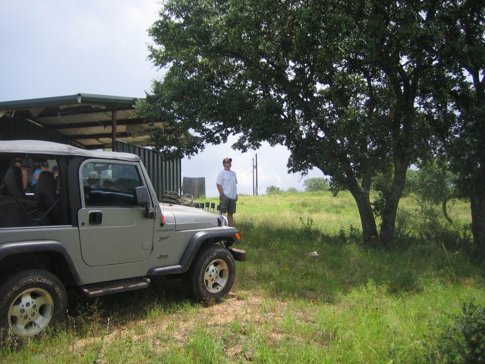 Gray Jeep Wrangler parked in grassy area with trees and a man standing