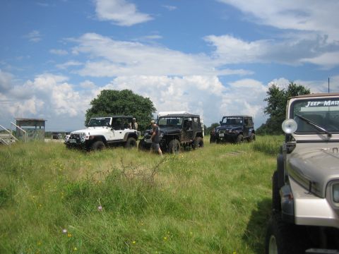2001 Jeep Wrangler - Multiple Jeep Wranglers are parked in a field on a sunny day with scattered clouds.