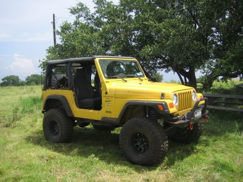 2001 Jeep Wrangler - A yellow Jeep Wrangler is parked in a grassy field with trees in the background.
