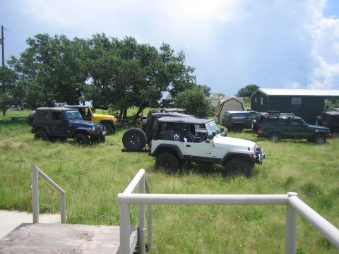 2001 Jeep Wrangler - Several Jeep Wranglers are parked in a grassy area with trees and buildings in the background under a cloudy sky.
