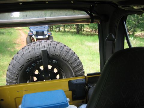2001 Jeep Wrangler - Two Jeep Wranglers drive down a grassy dirt road, one following the other through a wooded area.