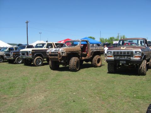 1979 Ford Bronco - Several lifted Ford trucks, including a 1979 Bronco, are lined up on a grassy field under a clear blue sky.