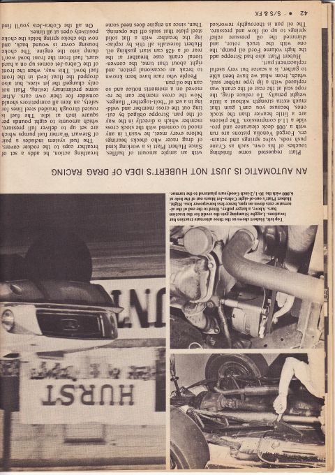1968 Ford Mustang - This article discusses drag racing modifications, close-ups of engine and chassis parts.