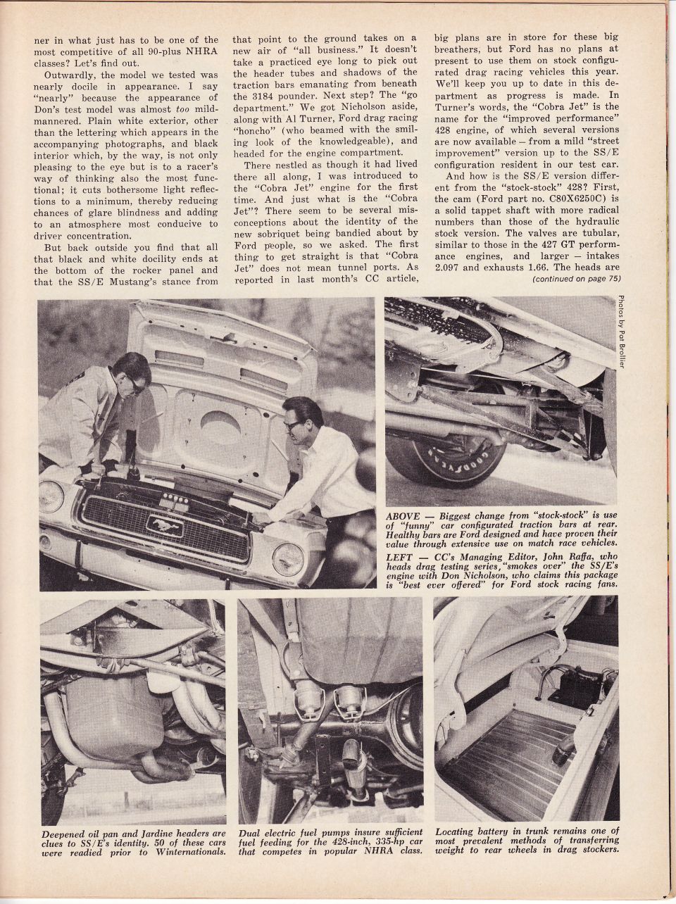 1968 Ford Mustang front view, white exterior, hood open, two men examining engine