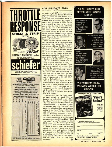 1968 Ford Mustang - This magazine page features articles on "Throttle Response" and "Do All Makes Run Better With Crane?" along with advertisements for car par…