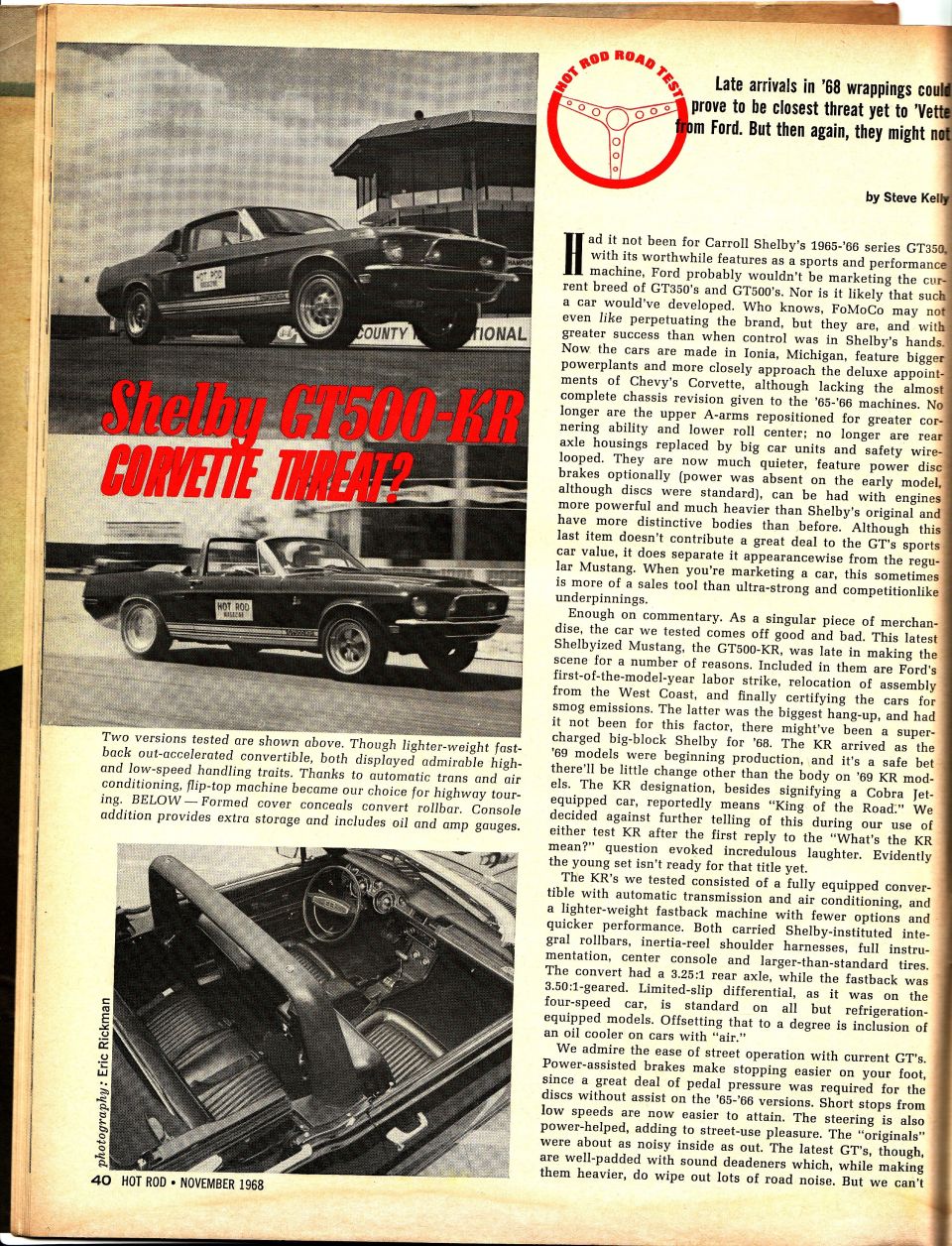 1968 Ford Mustang GT500-KR convertible interior showing seats, dashboard, and roll bar