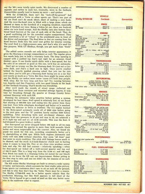 1968 Ford Mustang - This document details the specifications and performance metrics for the Shelby GT500-KR, including engine, transmission, and brake data.
