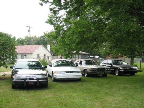 1988 Mercury Grand Marquis - Four sedans, including a black 1988 Mercury Grand Marquis, are parked on a grassy lawn.