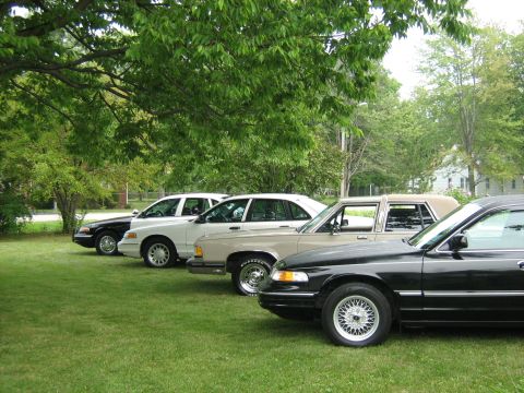 1988 Mercury Grand Marquis - Several sedans are parked on a green lawn, with trees providing shade over the vehicles.
