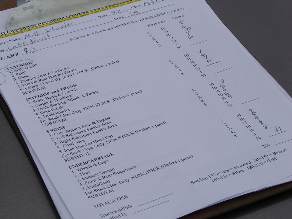 Car show scoring sheet with handwritten entries for a 1992 vehicle, including scores for exterior, interior, engine, and undercarriage