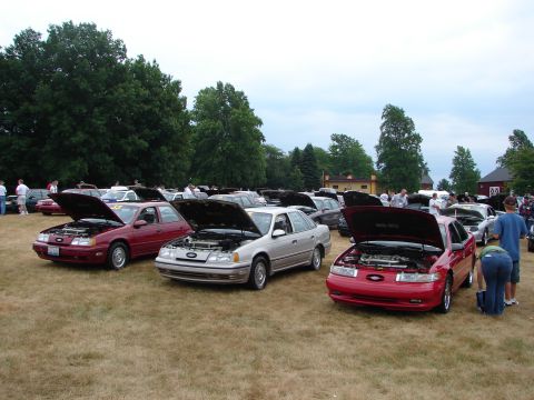 1993 Ford Taurus - Several cars, including a red 1993 Ford Taurus, are displayed with their hoods open at an outdoor car show.