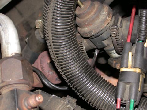 1987 Lincoln Town Car - Engine compartment detail showing various hoses and a vacuum actuator.