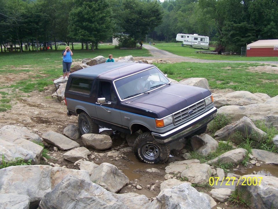 Dark blue and gray Ford Bronco navigating rocks