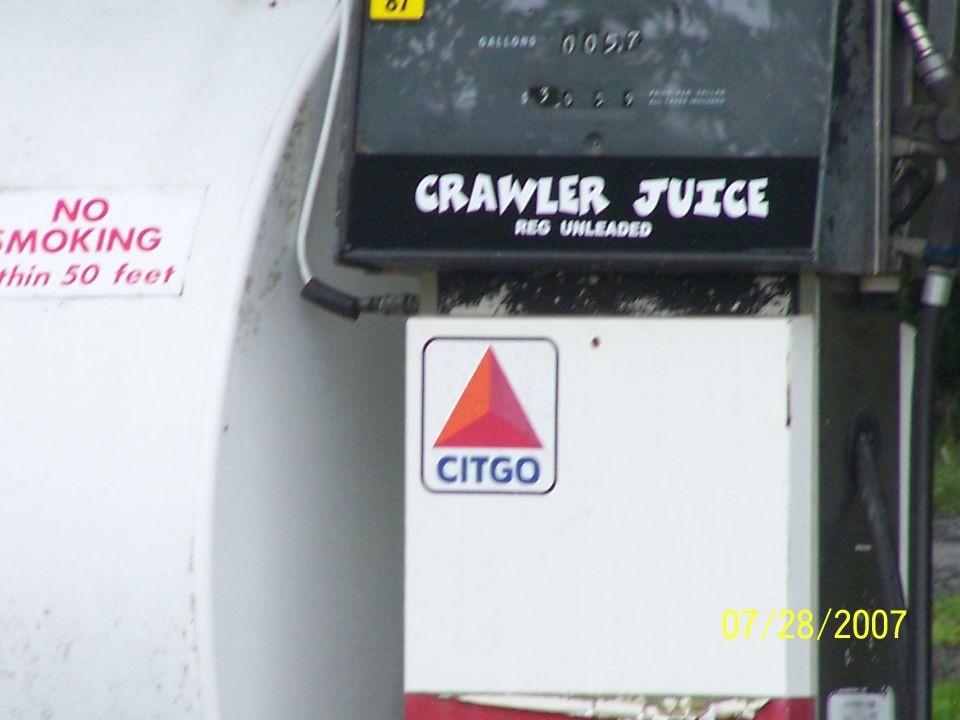 Gas pump with Citgo logo and 'CRAWLER JUICE' label. Date stamp shows 07/28/2007