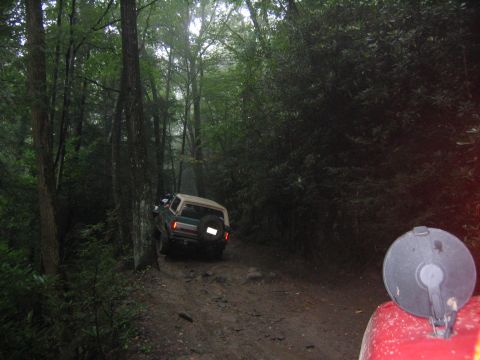 1979 Ford Bronco - A 1979 Ford Bronco navigates a narrow, muddy trail surrounded by dense forest foliage.
