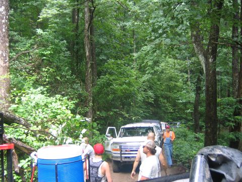 1979 Ford Bronco - A line of Ford trucks are parked on a wooded trail, with people standing around them.