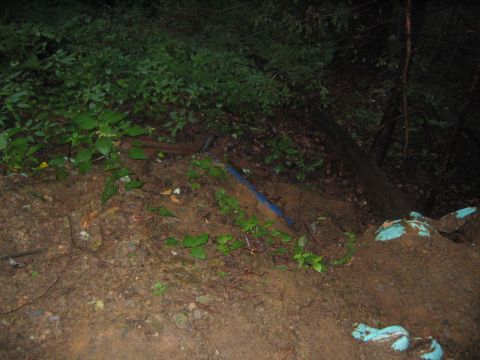 1979 Ford Bronco - Debris is scattered on a dirt embankment in a wooded area.