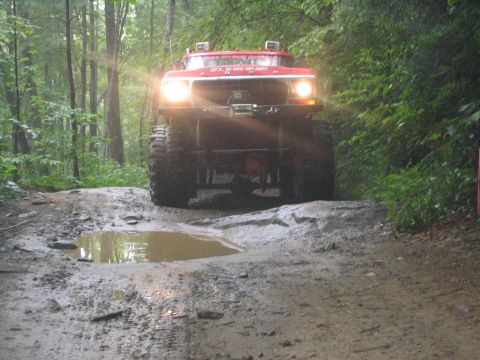 1979 Ford Bronco - This modified truck navigates a wet, rocky path through a dense forest.