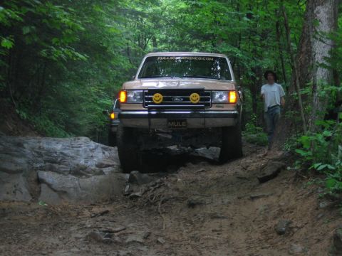 1992 Ford Mustang - This Ford Bronco navigates a challenging off-road path surrounded by dense forest.