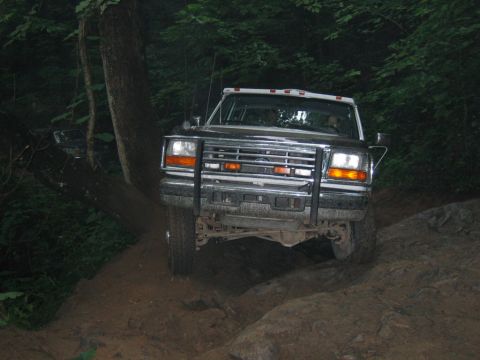 1992 Ford Mustang - Ford F-Series truck navigates a challenging off-road path through a forest.