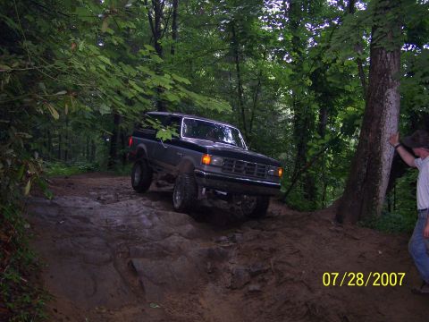 1979 Ford F-150 - A Ford Bronco navigates a challenging off-road trail surrounded by dense forest.