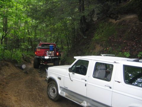 1979 Ford F-150 - Two trucks navigate a muddy trail surrounded by dense forest foliage.