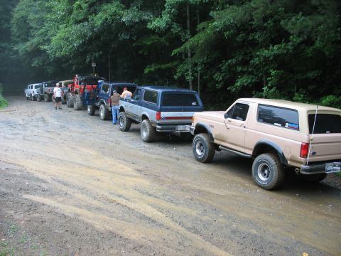 1995 Ford C-350 (Centurion Conversions) - A line of Ford Broncos drives down a dirt road surrounded by trees.